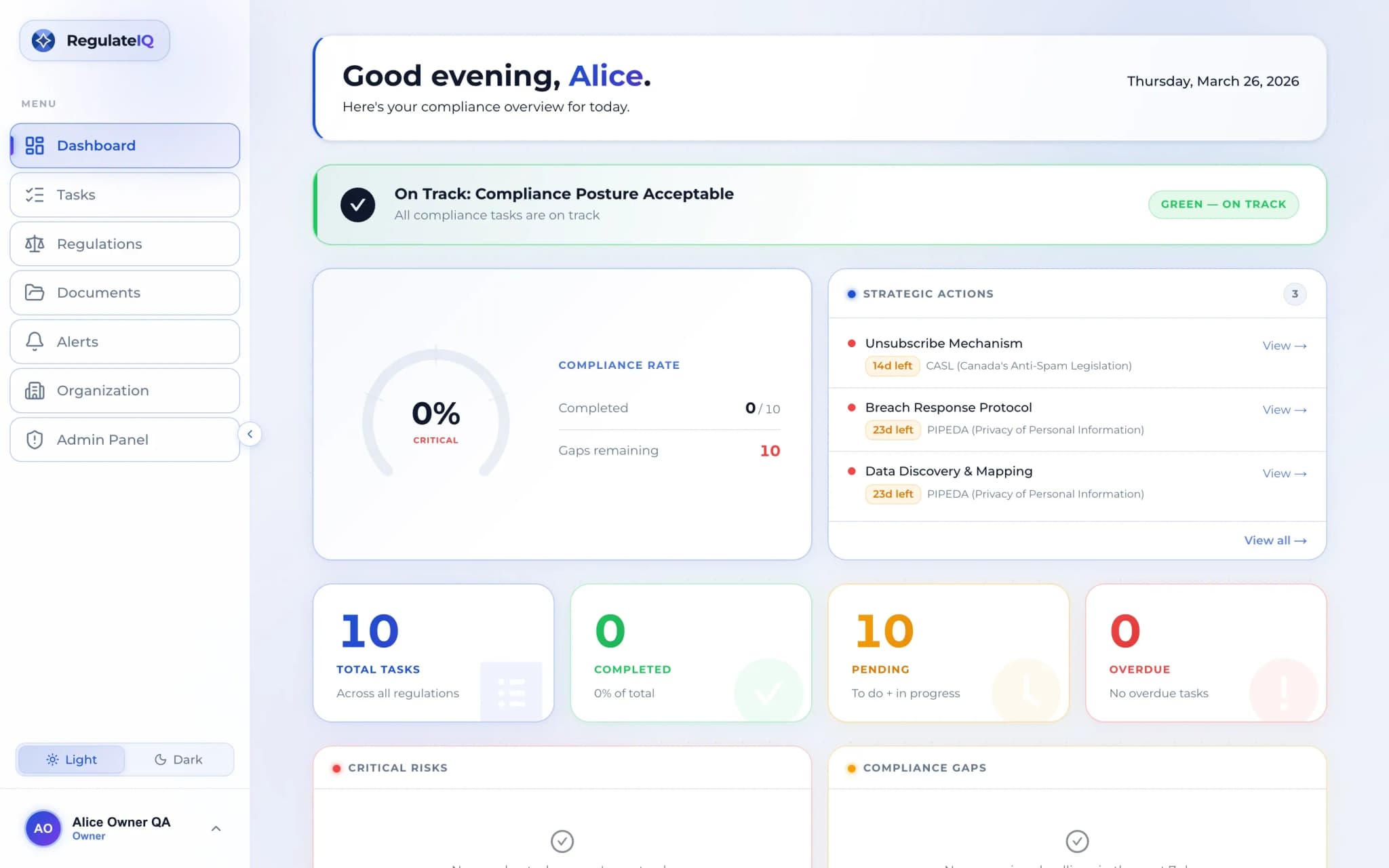 RegulateIQ Dashboard